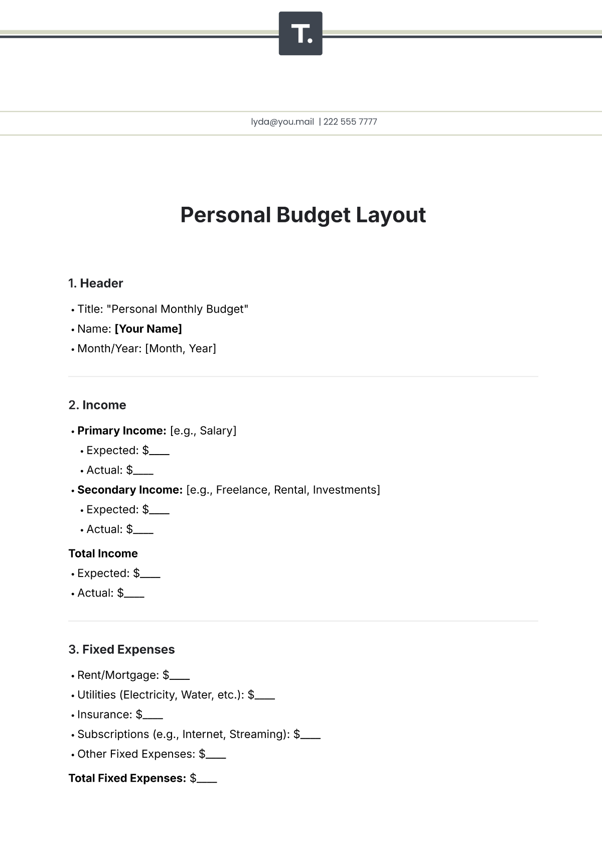 Free Personal Budget Layout Template