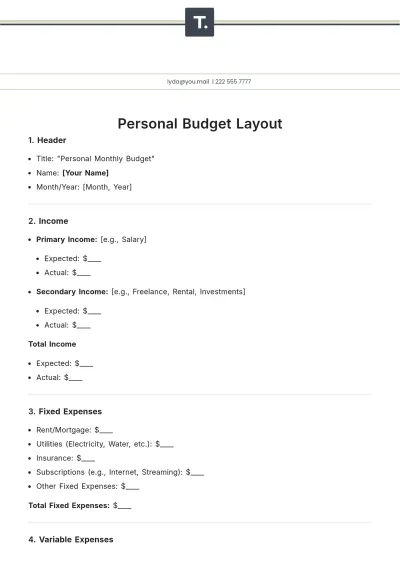 Free Personal Budget Layout Template to Edit Online
