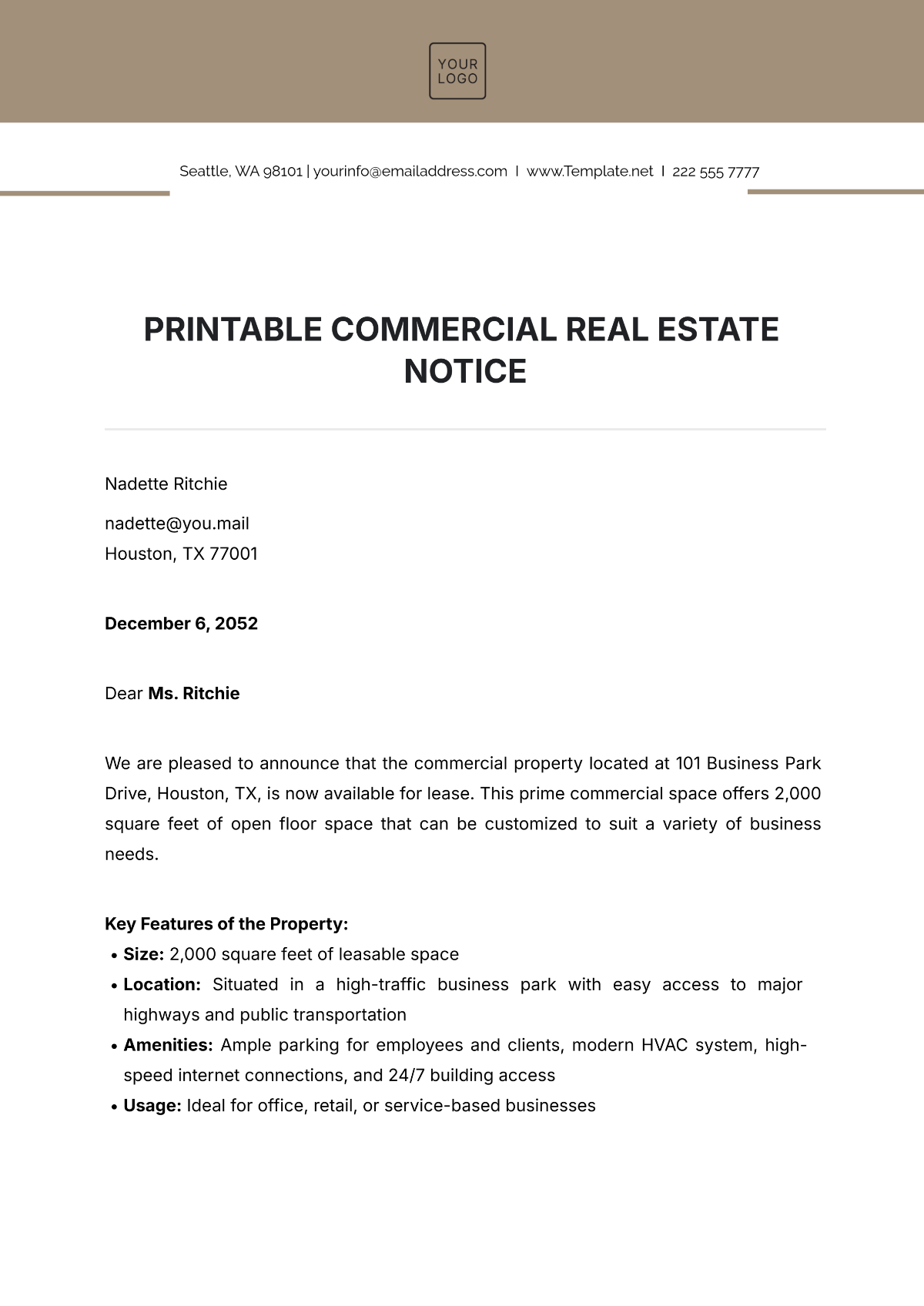 Free Printable Commercial Real Estate Notice Template