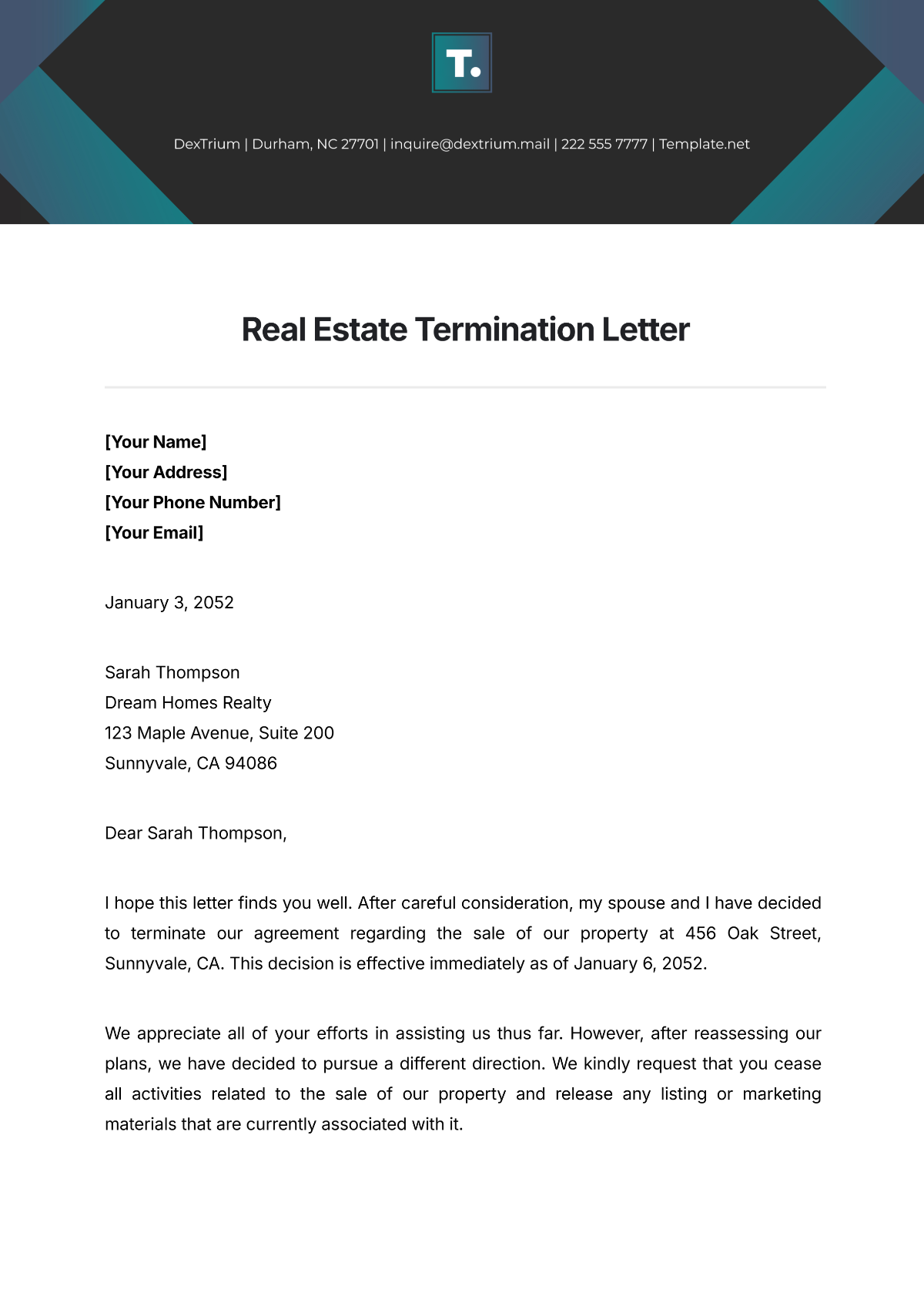 Real Estate Termination Letter Template - Edit Online & Download