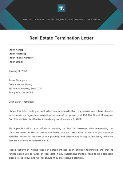 Free Real Estate Termination Letter Template to Edit Online