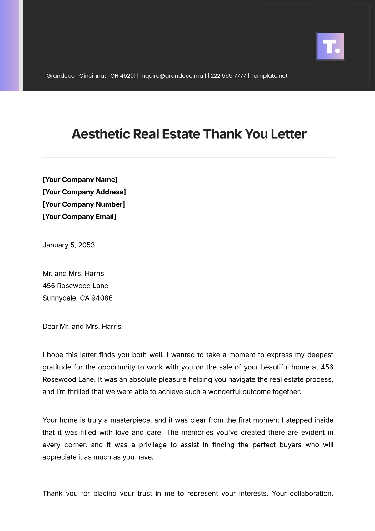 Aesthetic Real Estate Thank You Letter Template - Edit Online & Download