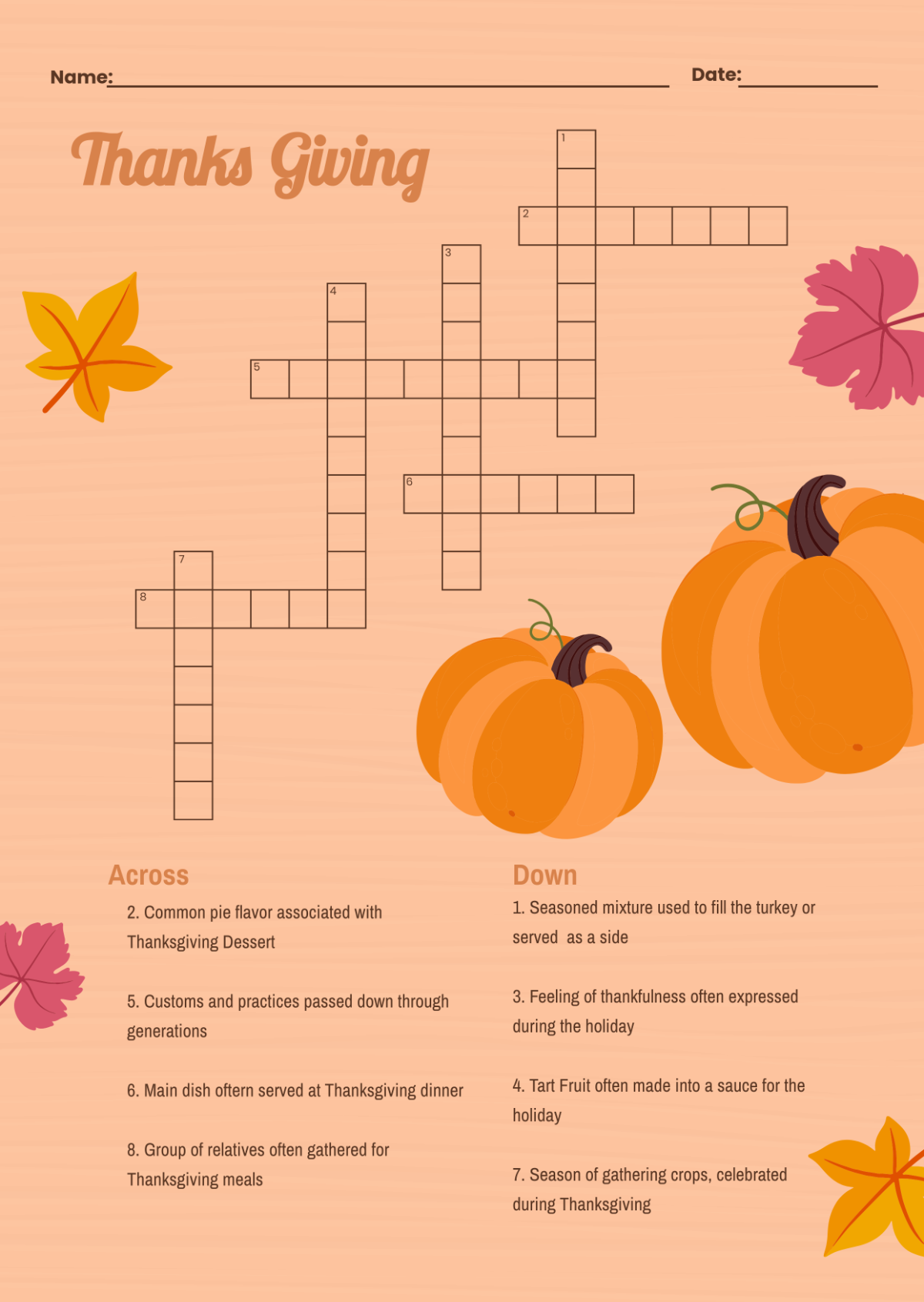 Free Thanksgiving Mini Crossword Puzzle Template