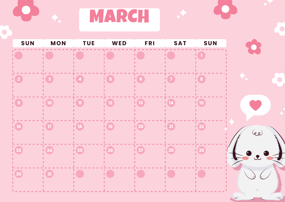 Free Cute March 2025 Calendar Template