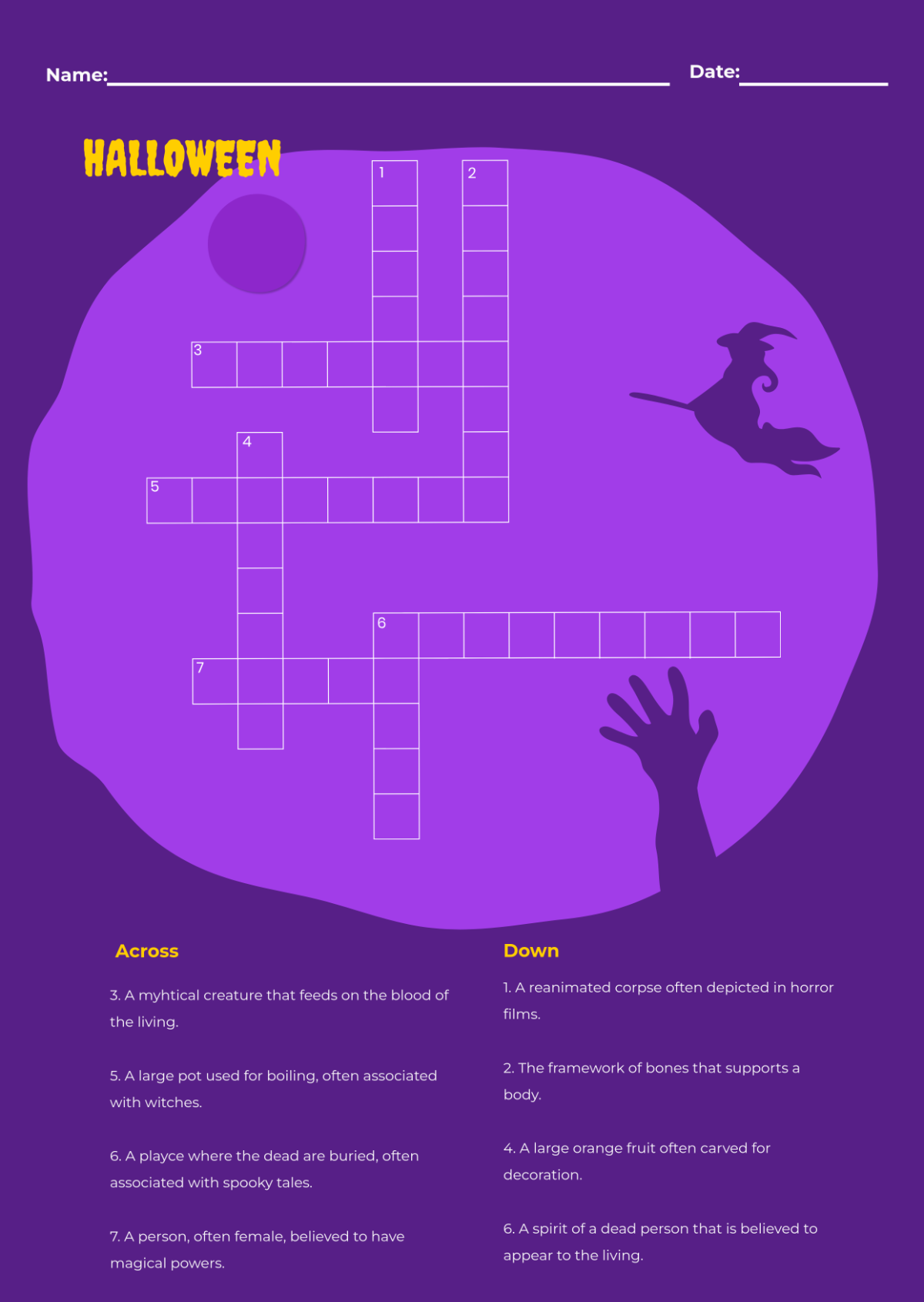 Free Halloween Mini Crossword Puzzle Template