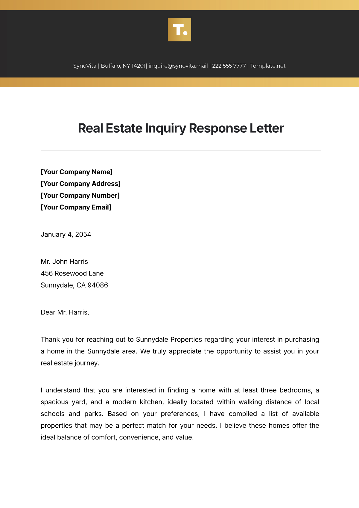 Real Estate Inquiry Response Letter Template - Edit Online & Download