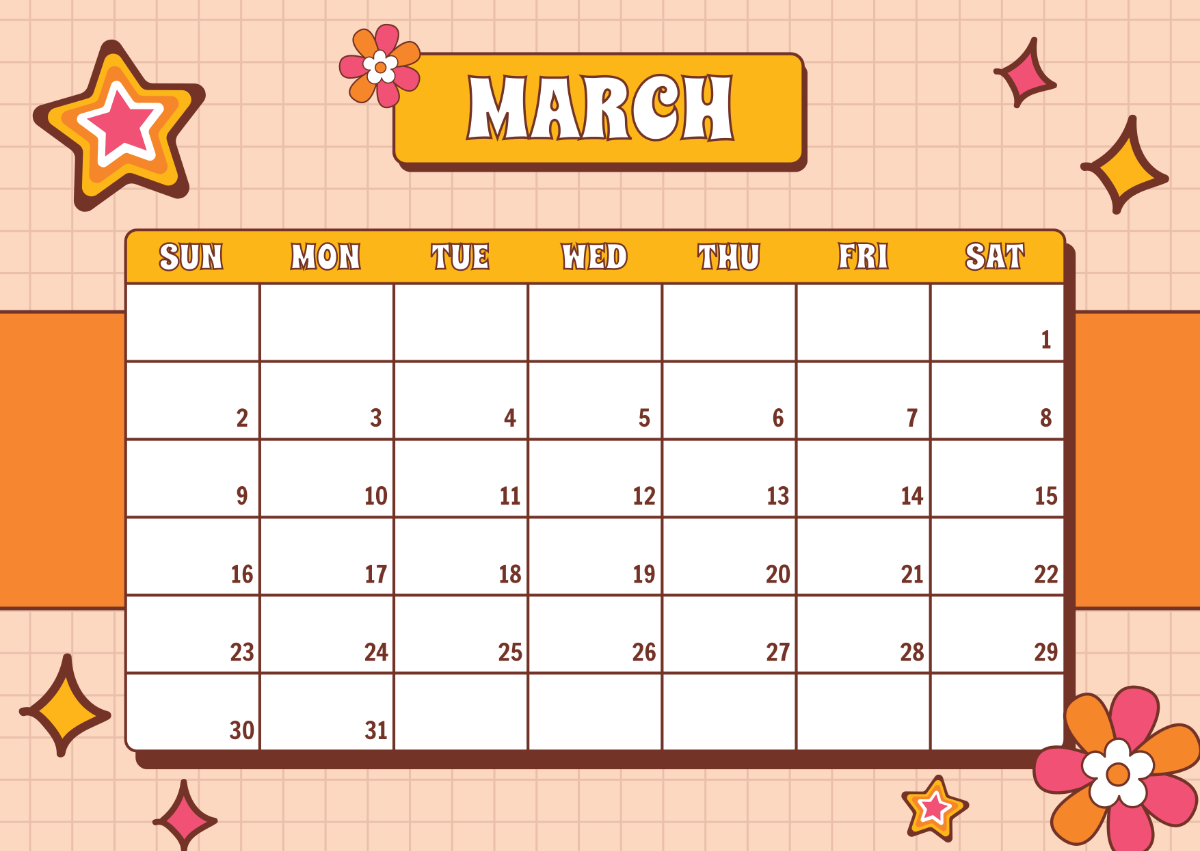 Free Retro March 2025 Monthly Calendar Template