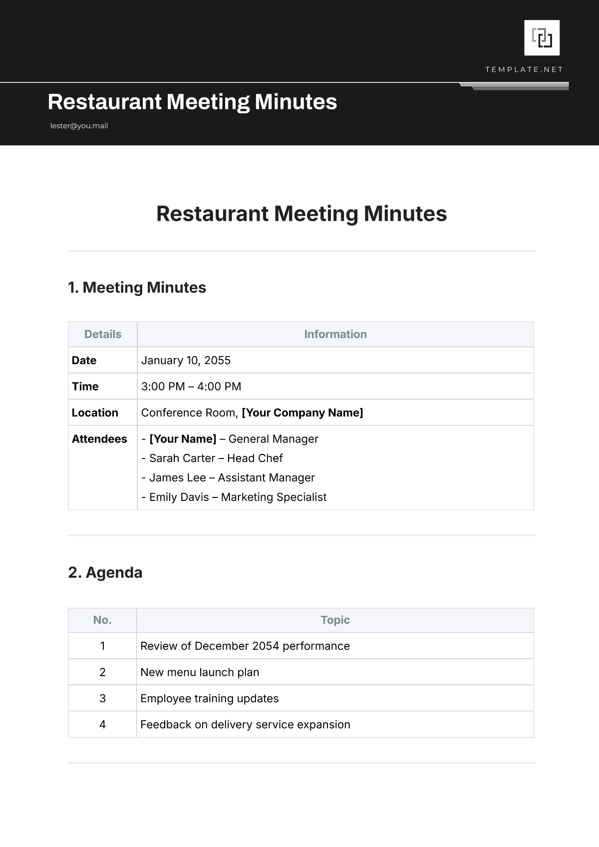 Free Restaurant Meeting Minute Template