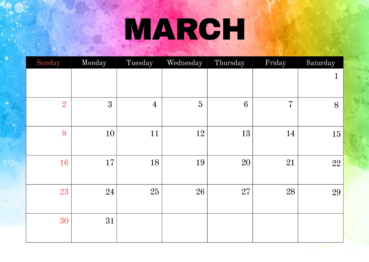 Free Colorful March 2025 Calendar Template