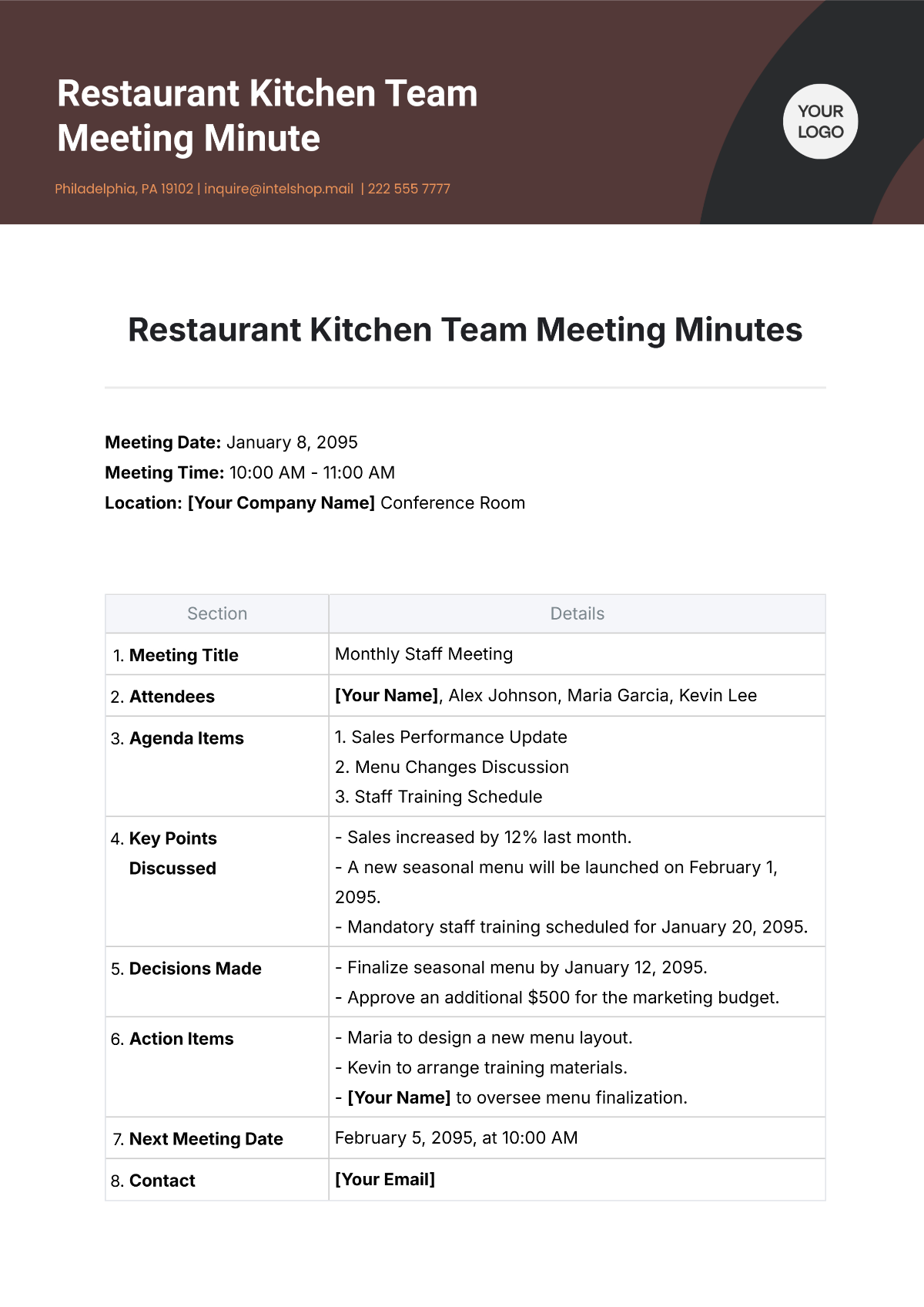 Free Restaurant Kitchen Team Meeting Minute Template