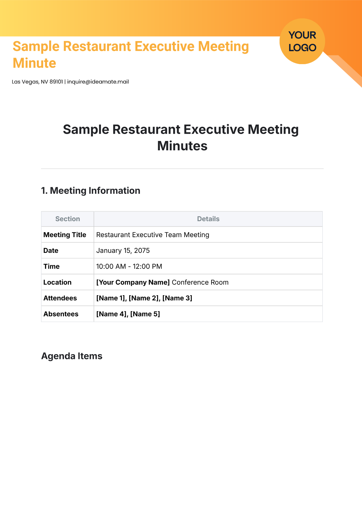 Free Sample Restaurant Executive Meeting Minute Template