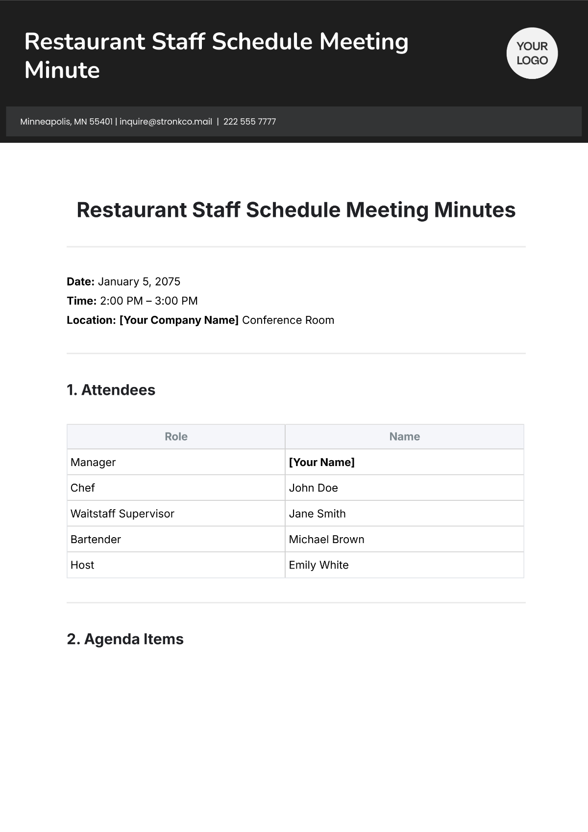 Free Restaurant  Staff Schedule Meeting Minute Template