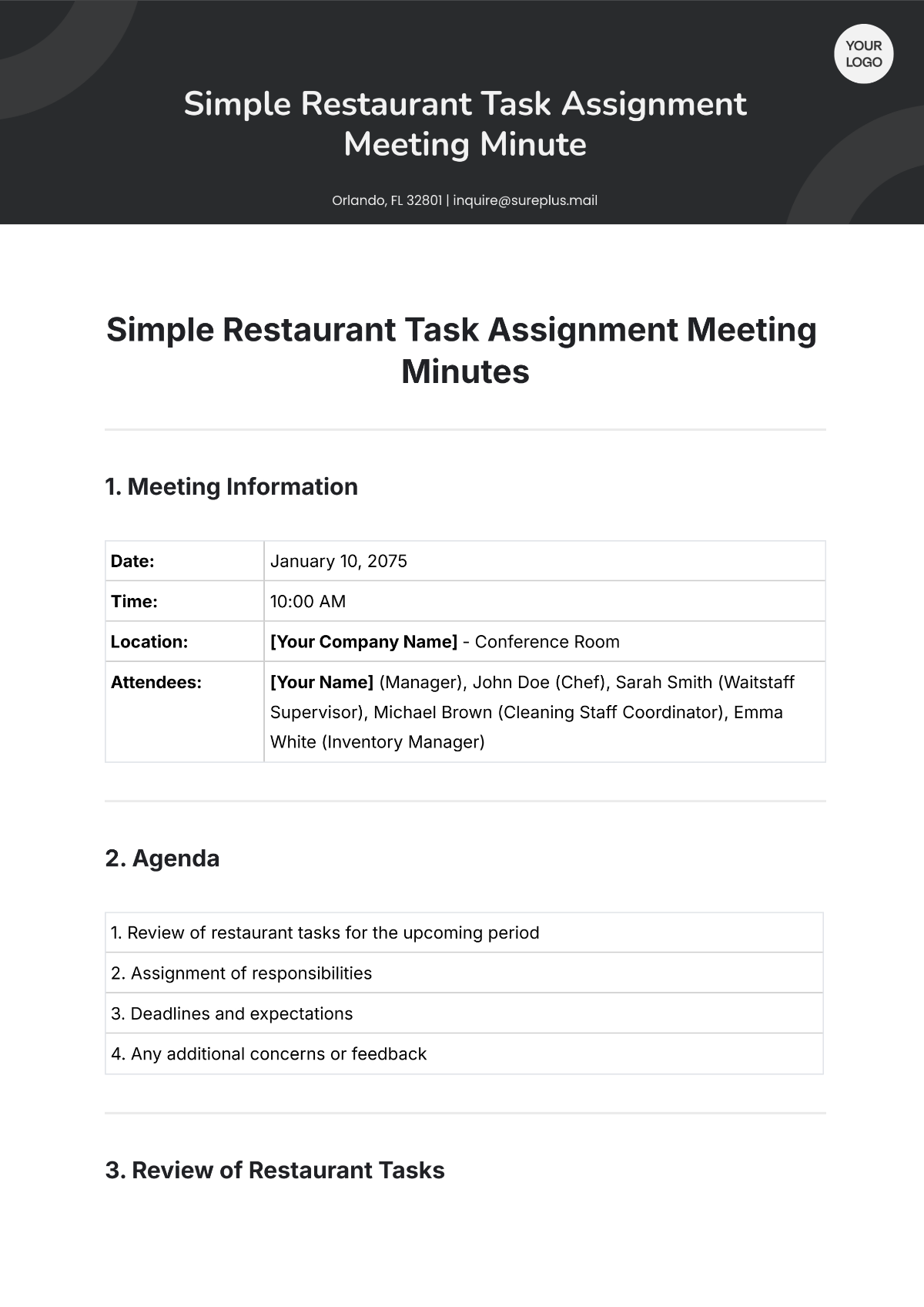 Free Simple Restaurant Task Assignment Meeting Minute Template