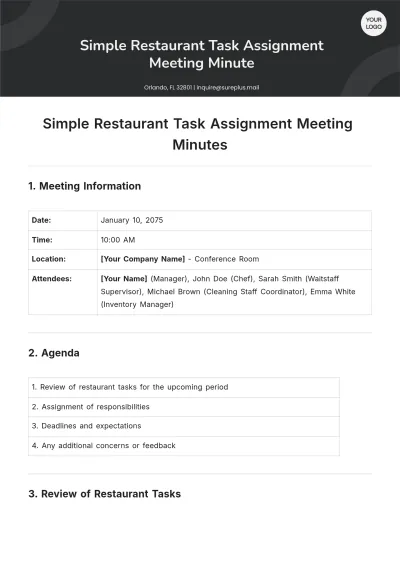 Free Simple Restaurant Task Assignment Meeting Minute Template to Edit Online