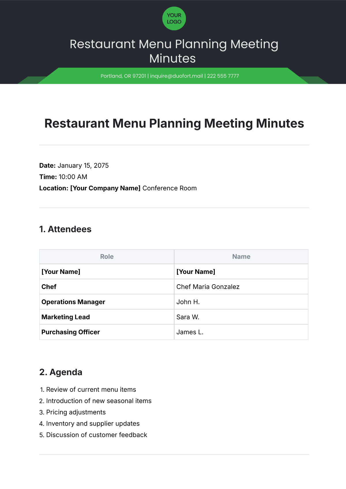 Free Restaurant Menu Planning Meeting Minutes Template