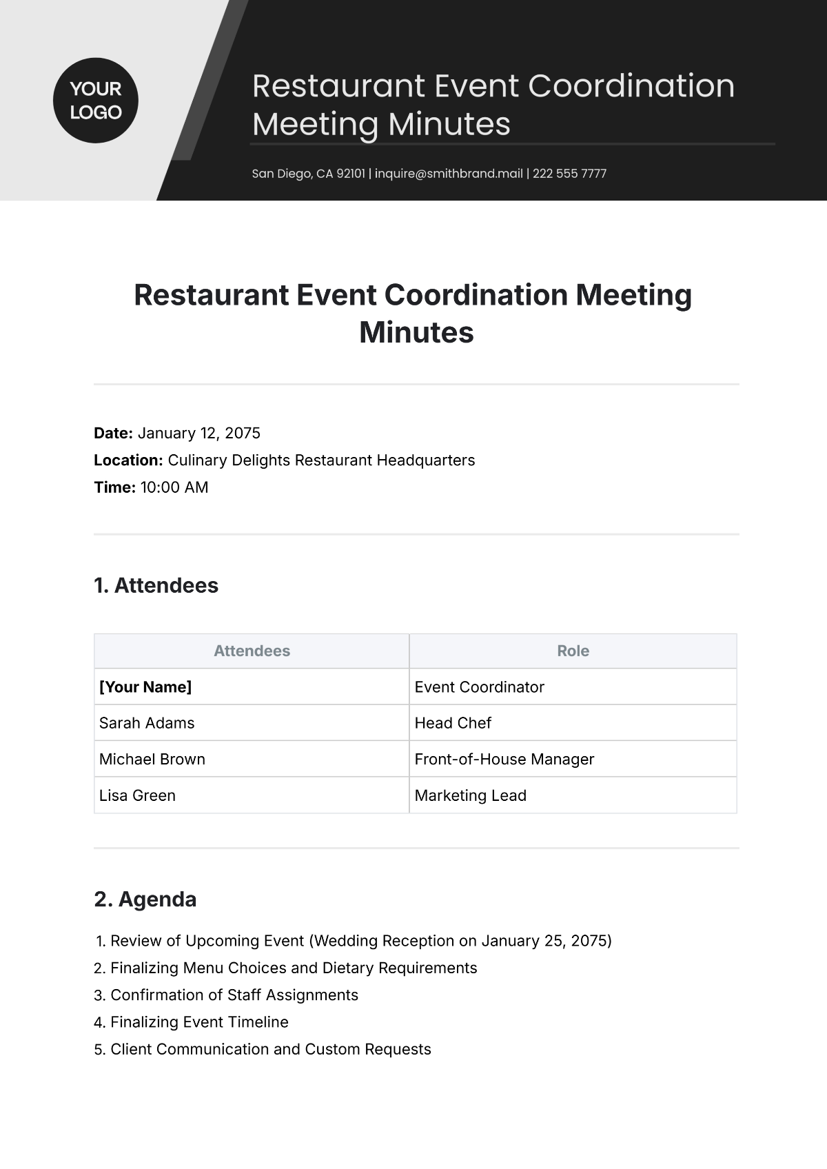 Free Restaurant Event Coordination Meeting Minutes Template