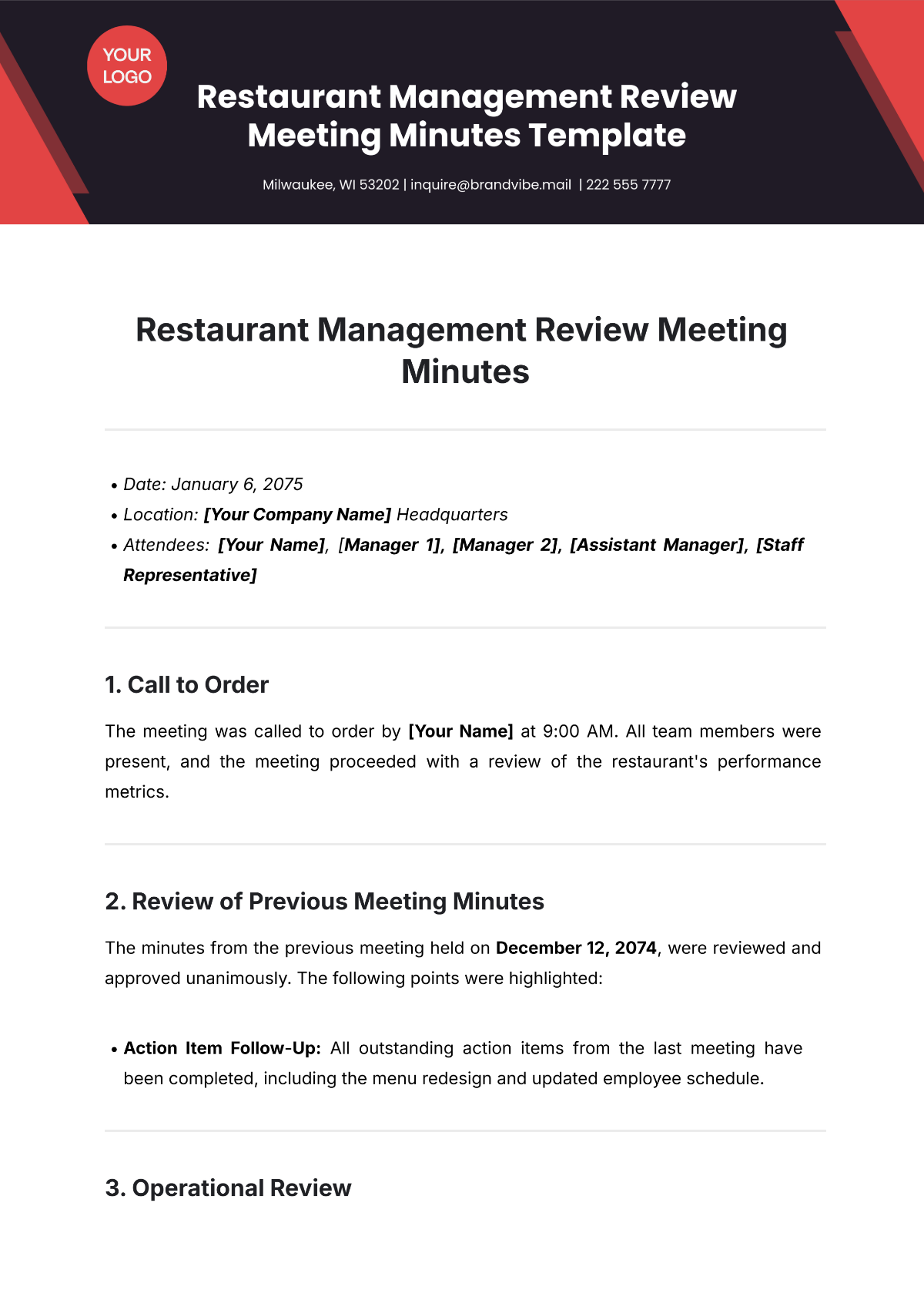 Free Restaurant Management Review Meeting Minutes Template