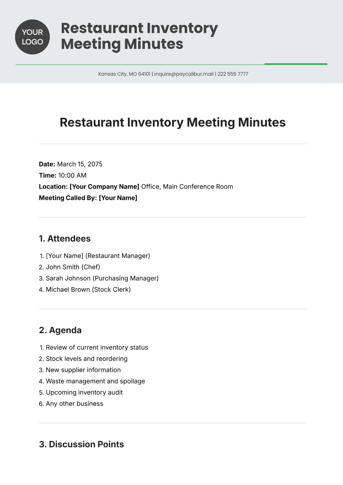 Free Printable Restaurant Inventory Meeting Minute Template