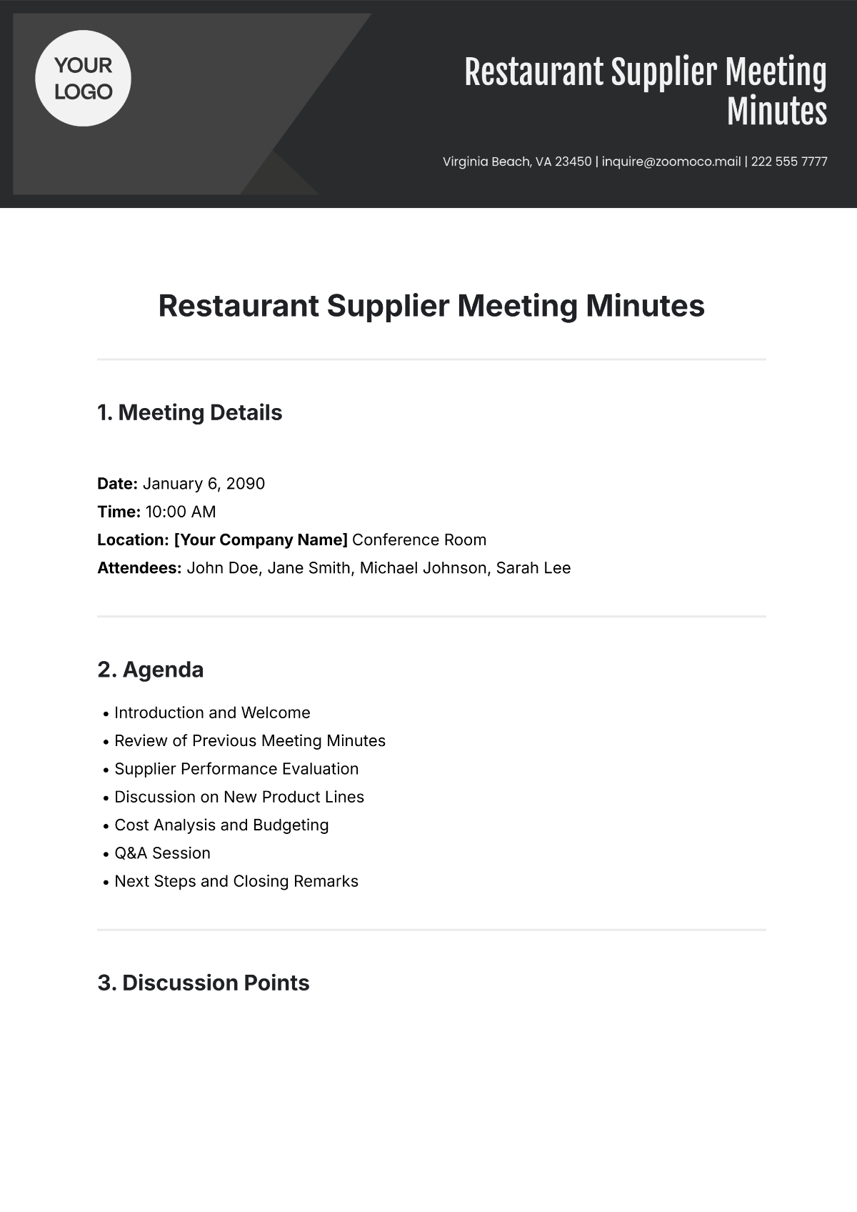 Free Restaurant Supplier Meeting Minute Template