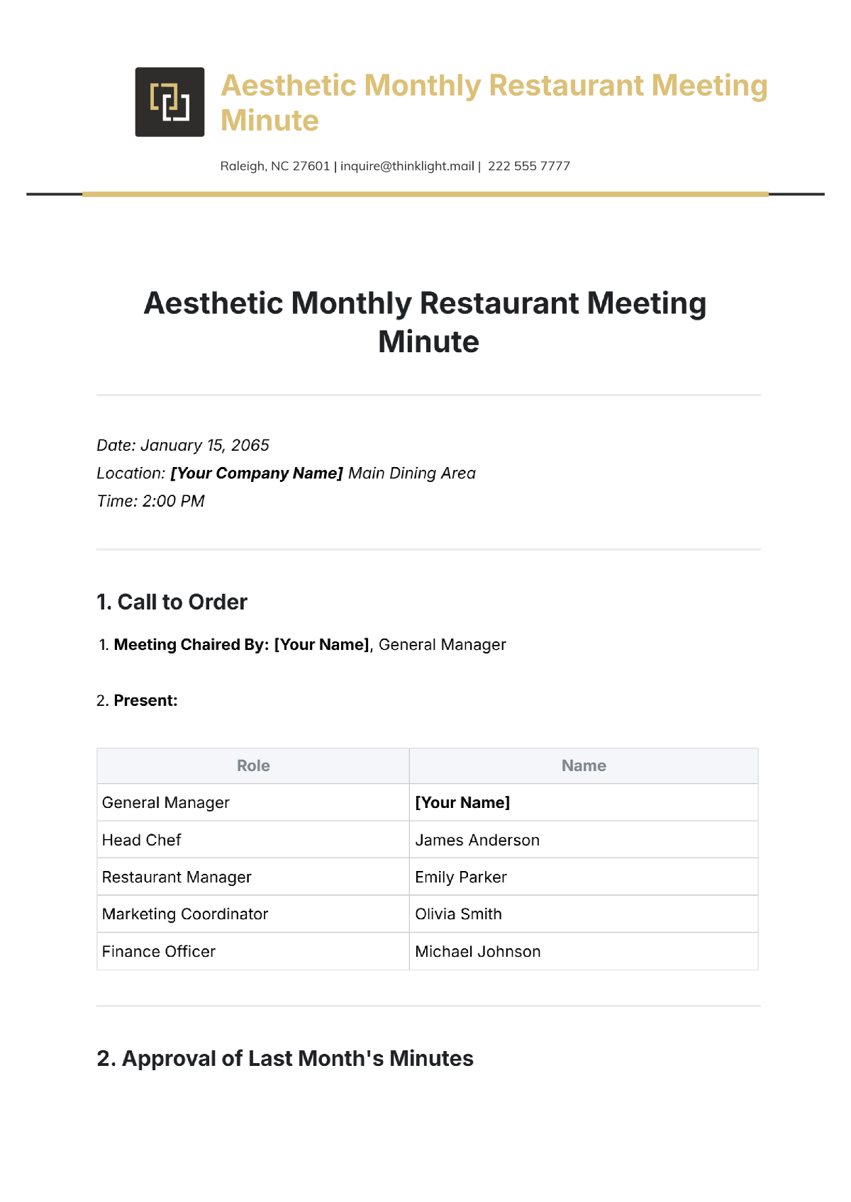 Free Aesthetic Monthly Restaurant Meeting Minute Template