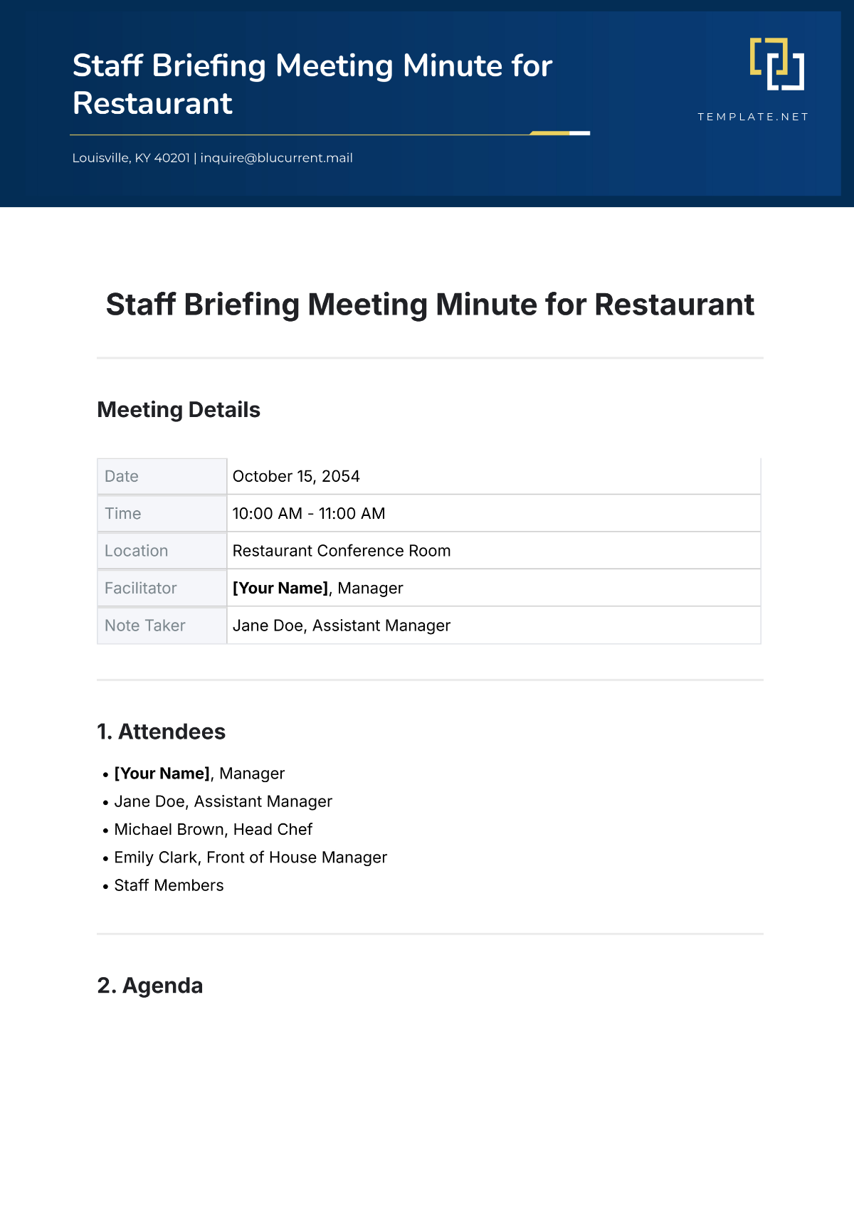 Free Staff Briefing Meeting Minute for Restaurant Template