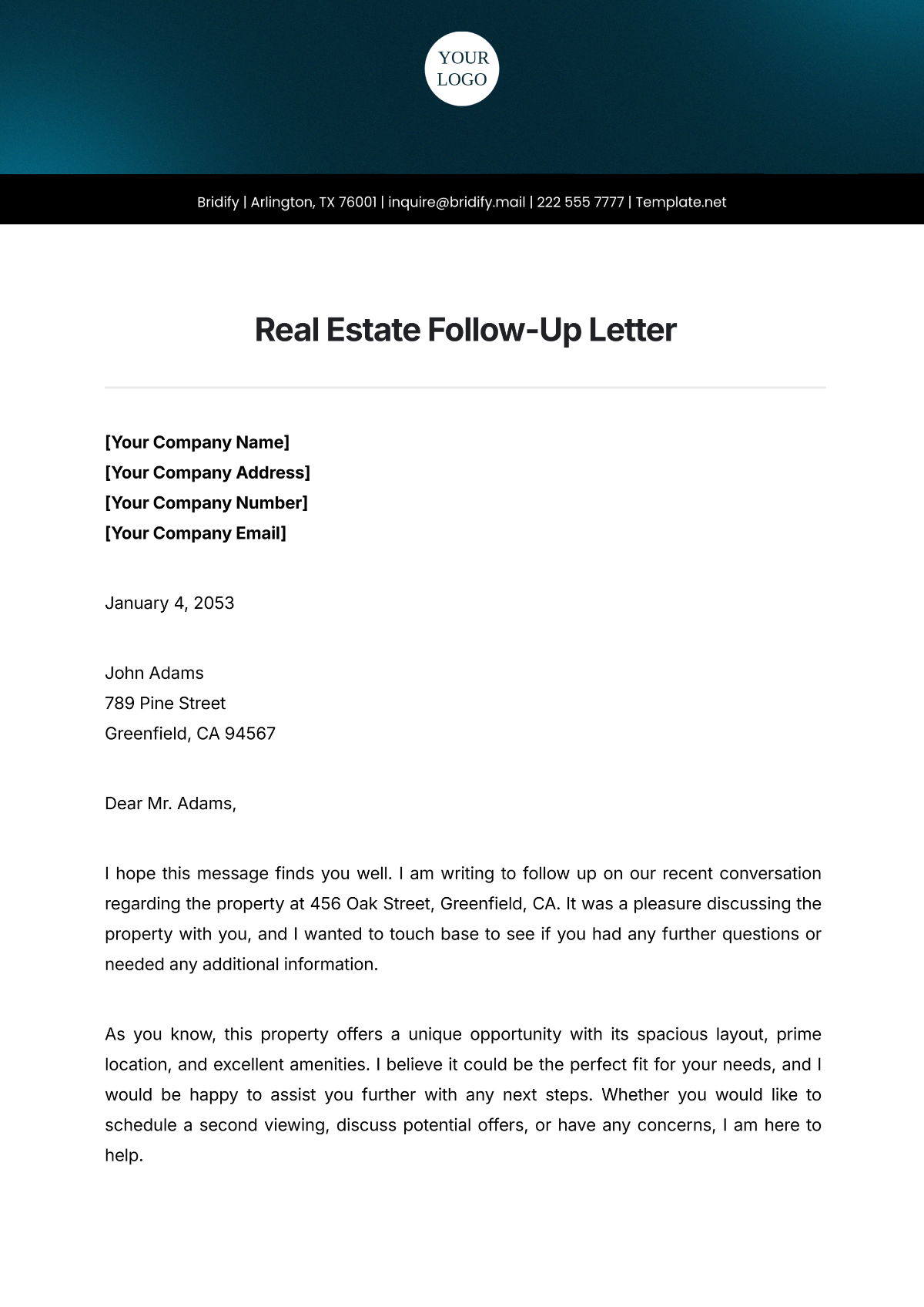 Real Estate Follow-Up Letter Template - Edit Online & Download