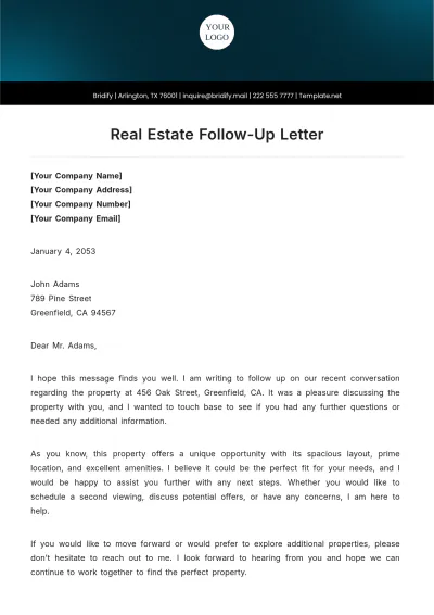 Free Real Estate Follow-Up Letter Template to Edit Online
