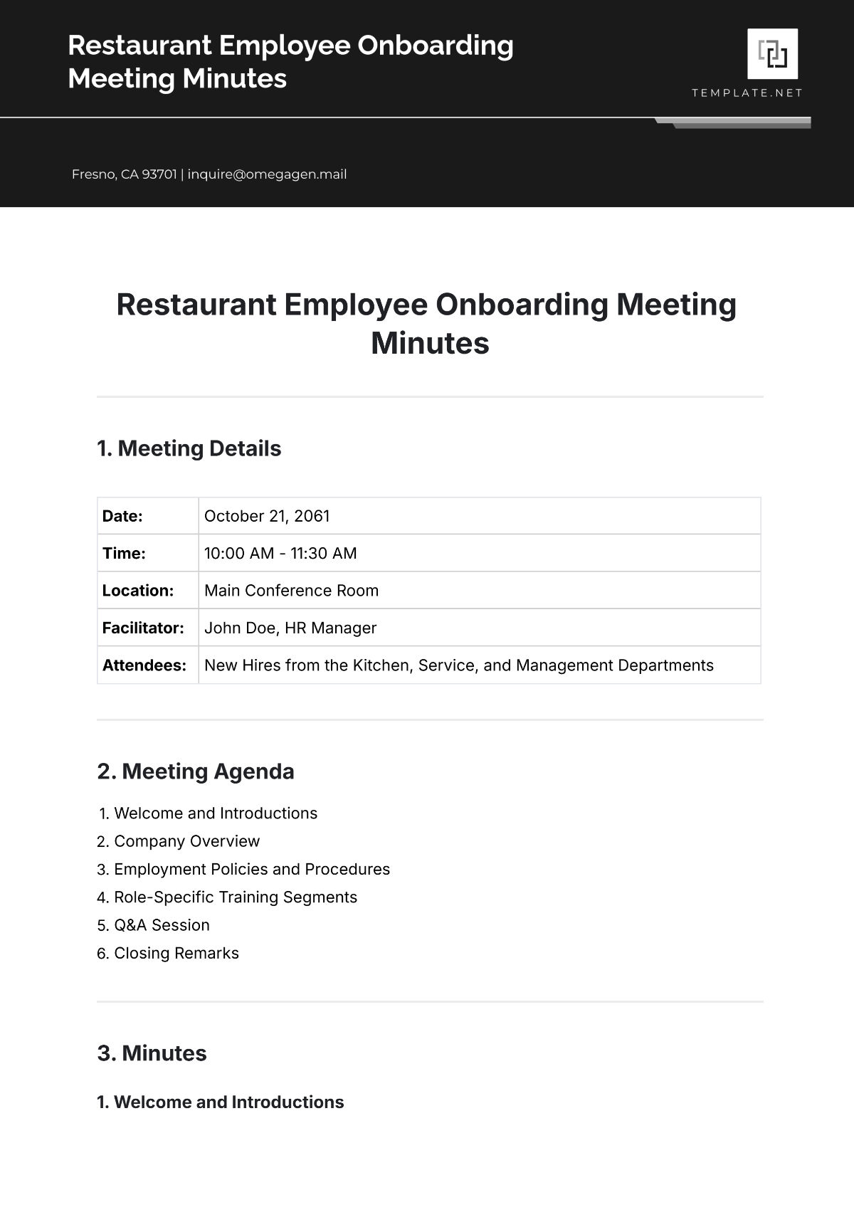 Free Restaurant Employee Onboarding Meeting Minute Template