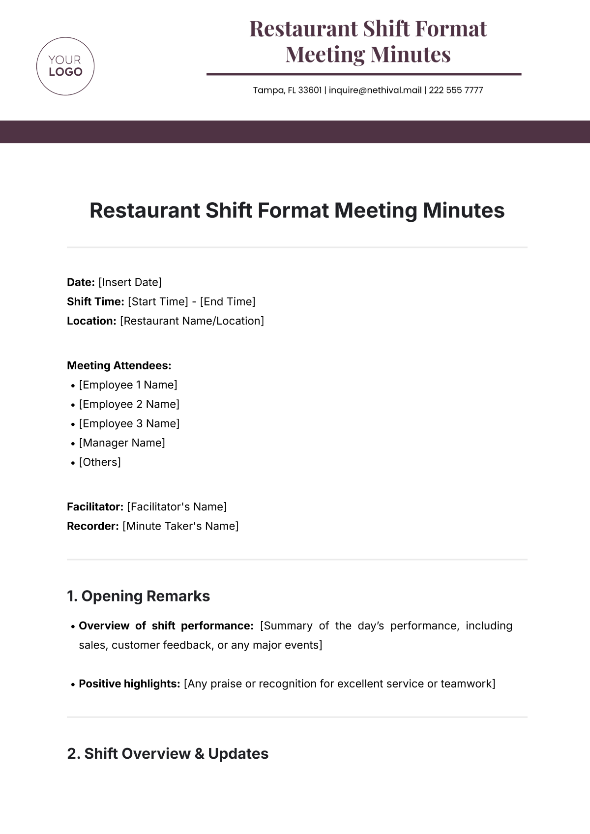 Free Restaurant Shift Format Meeting Minute Template