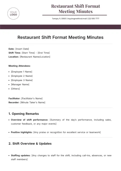 Free Restaurant Shift Format Meeting Minute Template to Edit Online