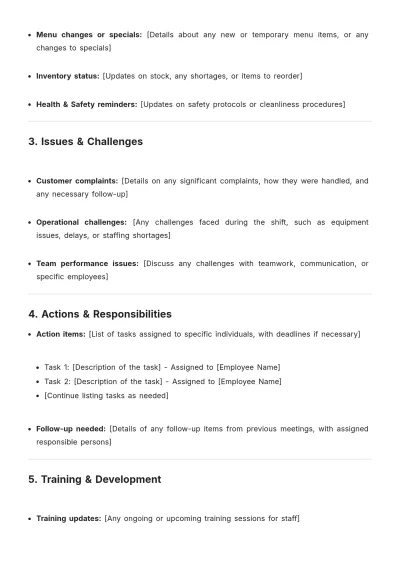 Free Restaurant Shift Format Meeting Minute Template to Edit Online