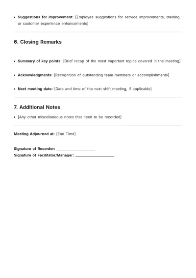 Free Restaurant Shift Format Meeting Minute Template to Edit Online