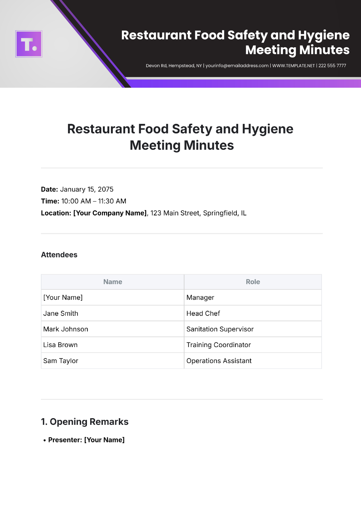 Free Restaurant Food Safety and Hygiene Meeting Minute Template