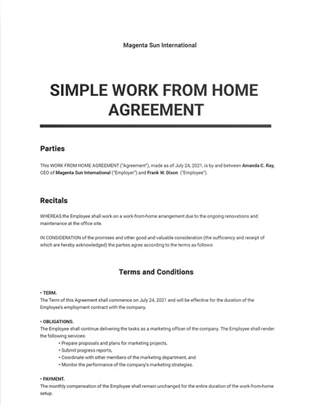 Home based Work Agreement Word DOC Google Docs Apple MAC 