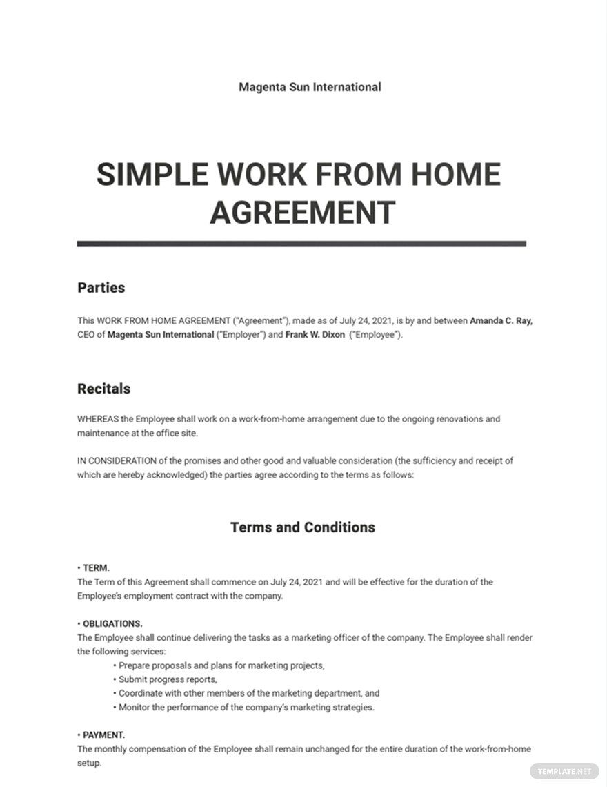 Free Simple Work From Home Agreement Template