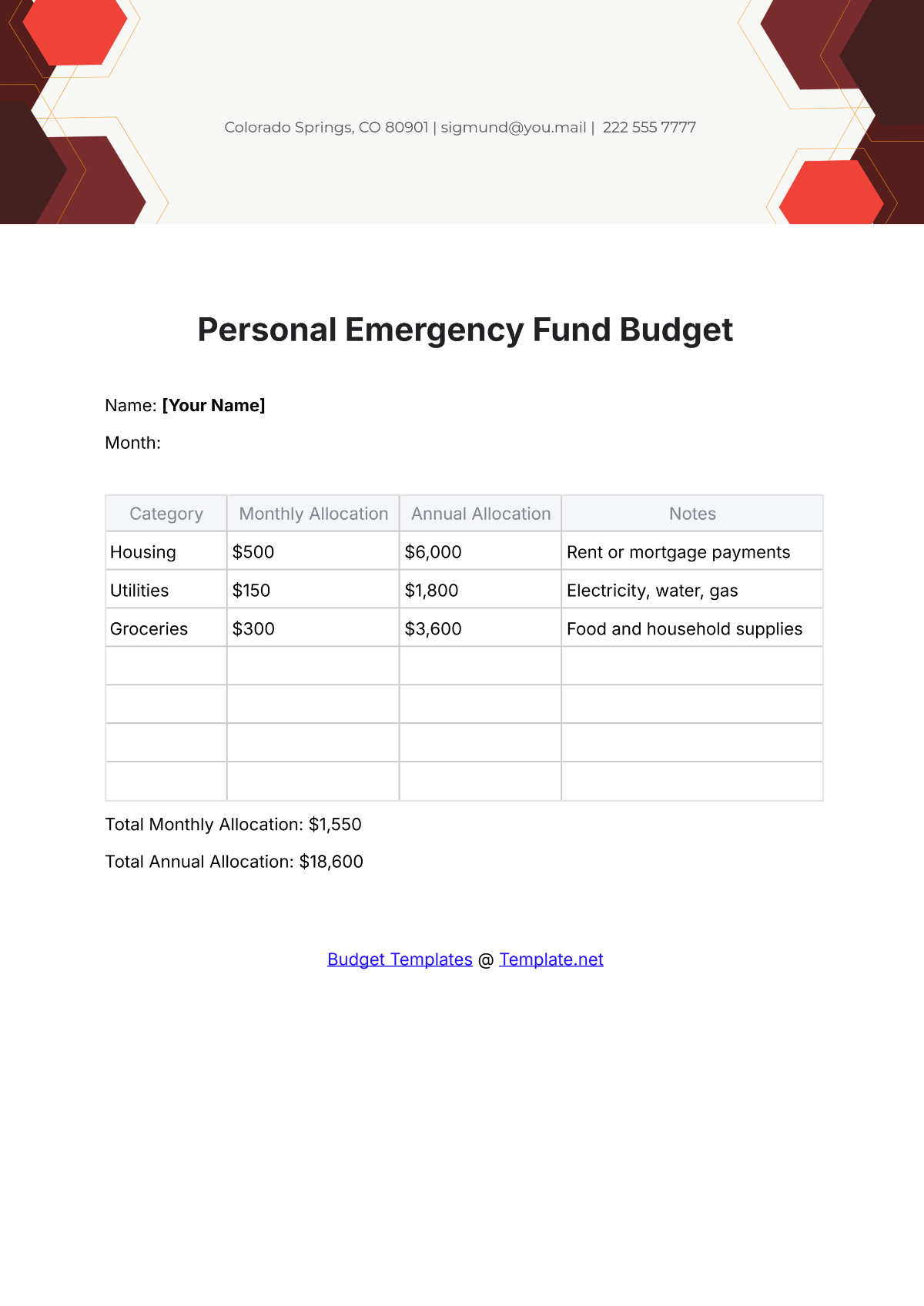 Free Personal Emergency Fund Budget Template