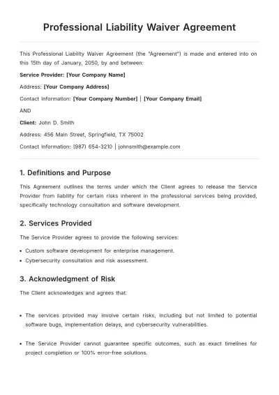 Free Professional Liability Waiver Agreement Template to Edit Online