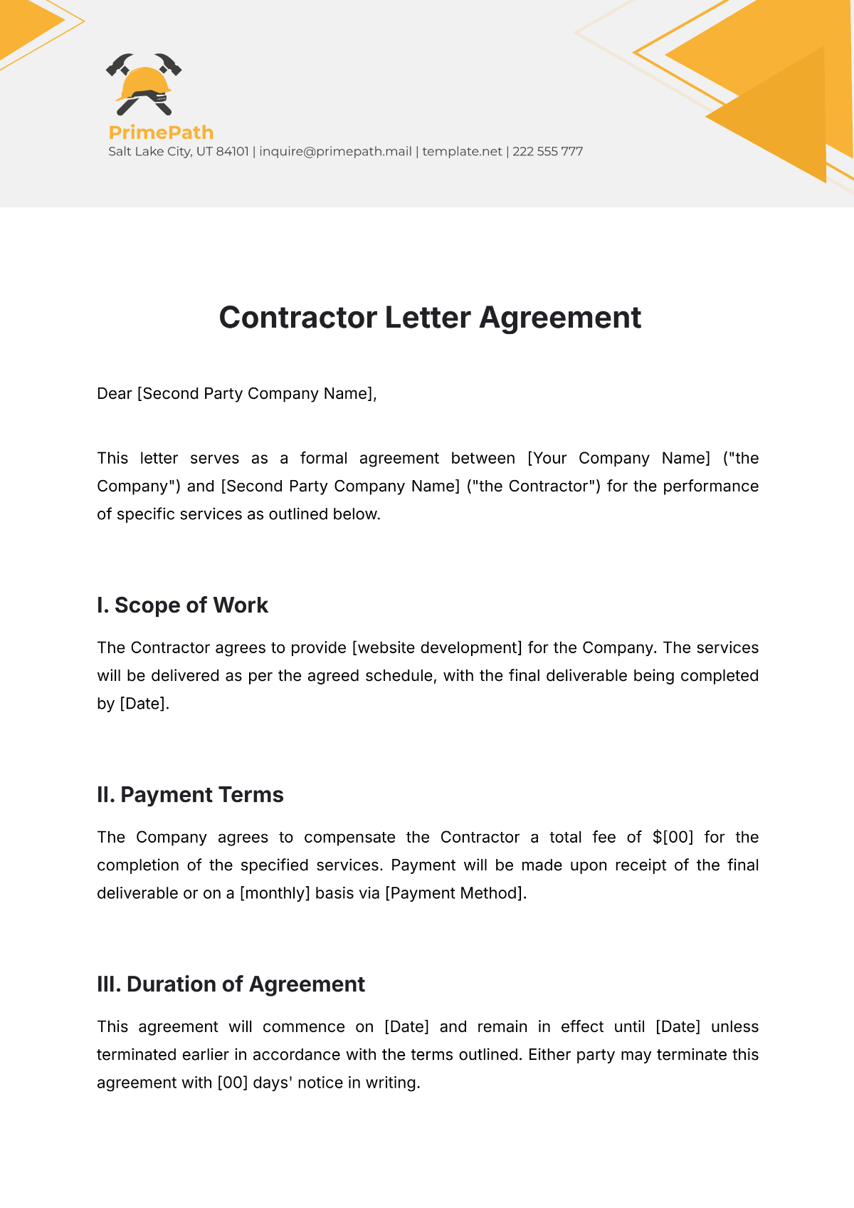 Free Contractor Letter Agreement Template