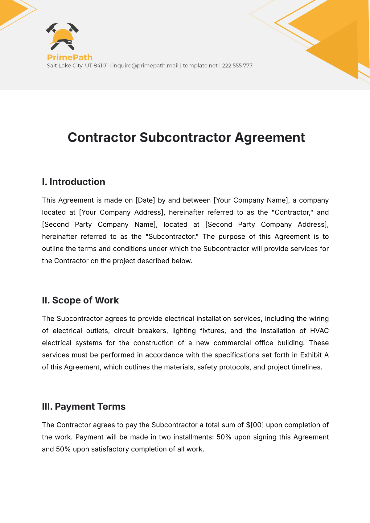 Free Contractor Subcontractor Agreement Template