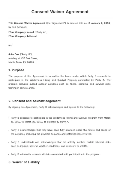 Free Consent Waiver Agreement Template to Edit Online