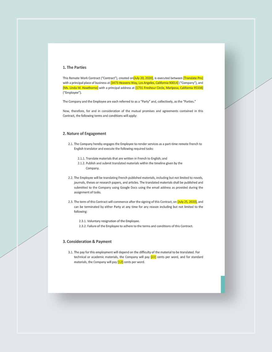 Remote Work Contract Template Download in Word, Google Docs