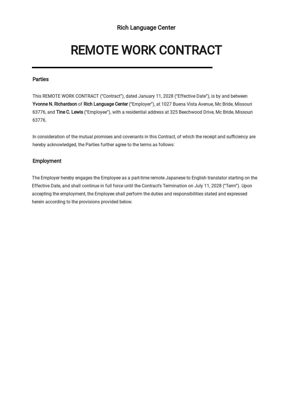 Free Employee Remote Work Contract Template In Google Docs Word Pdf 