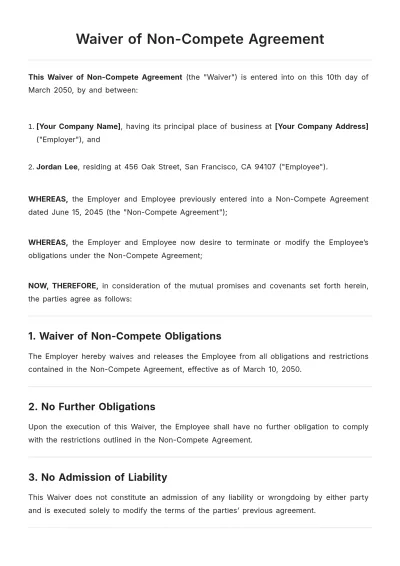 Free Waiver of Non-Compete Agreement Template to Edit Online