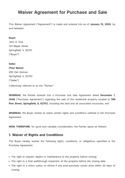 Free Waiver Agreement for Purchase and Sale Template to Edit Online