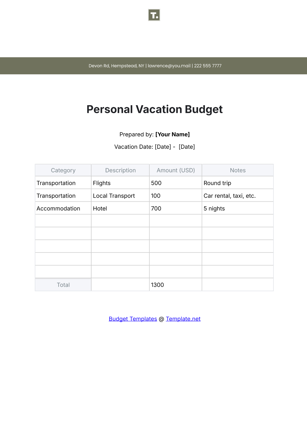 Free Personal Vacation Budget Template