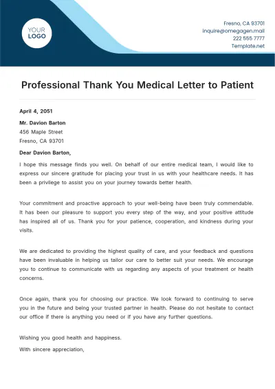 Free Professional Thank You Medical Letter to Patient Template to Edit Online