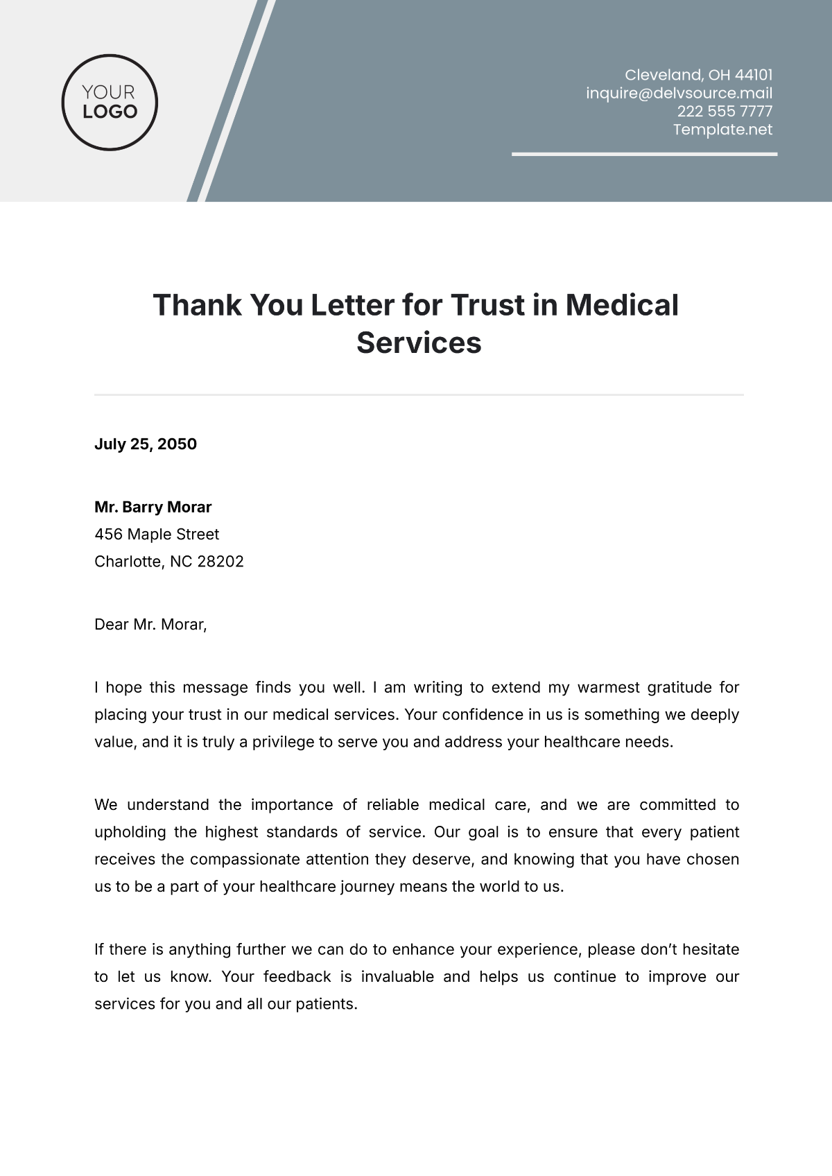 Free Thank You Letter for Trust in Medical Services Template to Edit Online