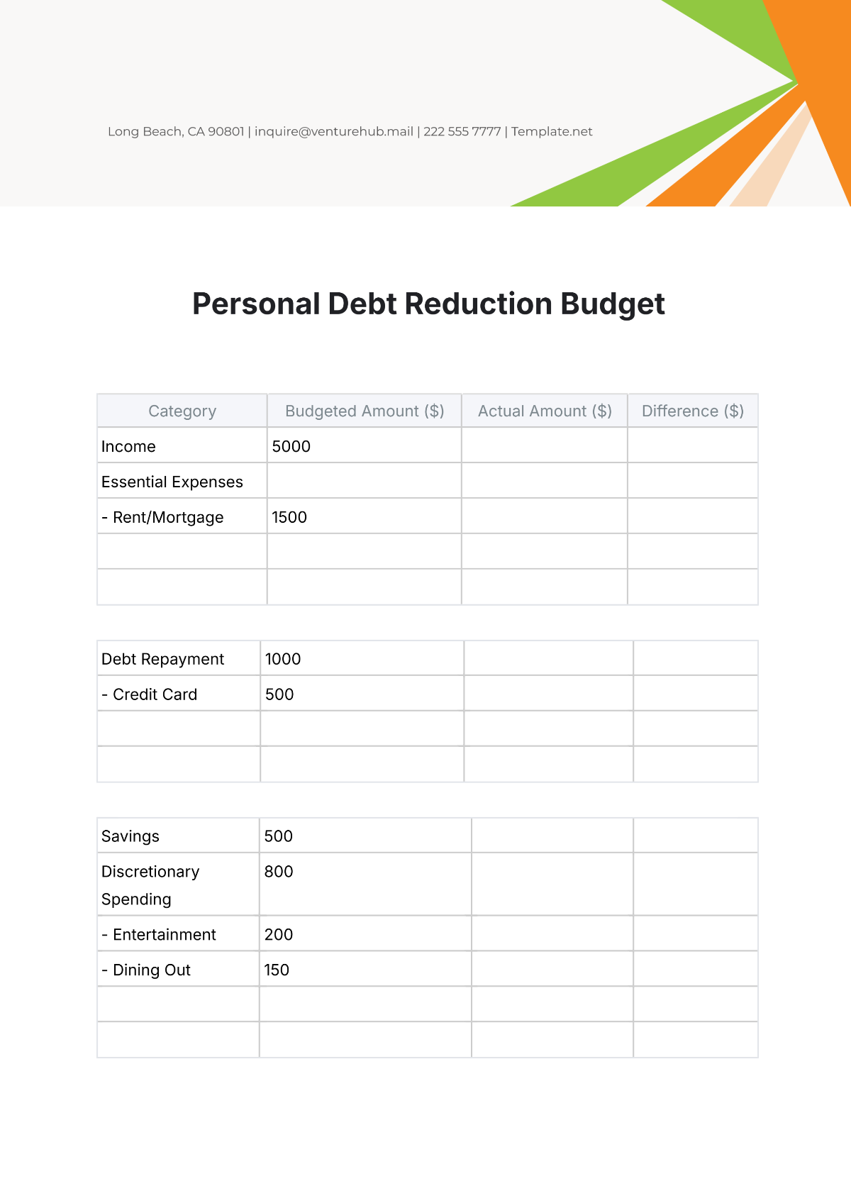 Free Personal Debt Reduction Budget Template