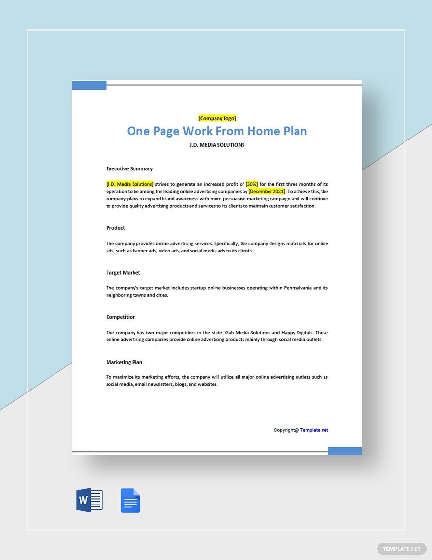 One Page Work From Home Plan Template