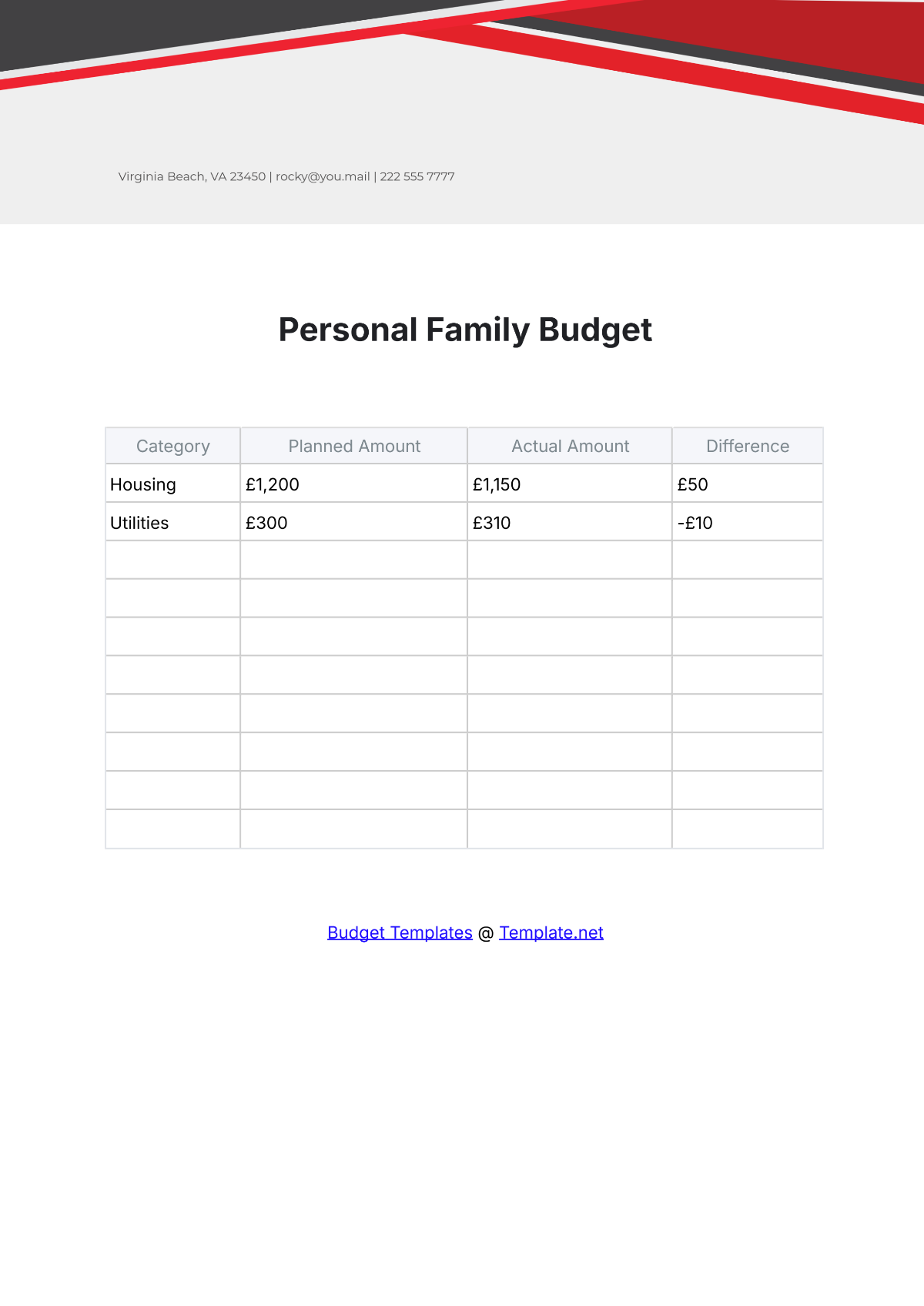 Free Personal Family Budget Template